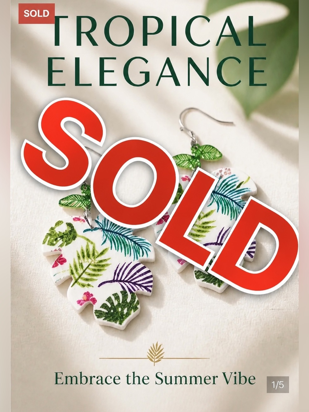 HandmadeTropical Leaf Dangle Earrings with Green Bead Detail